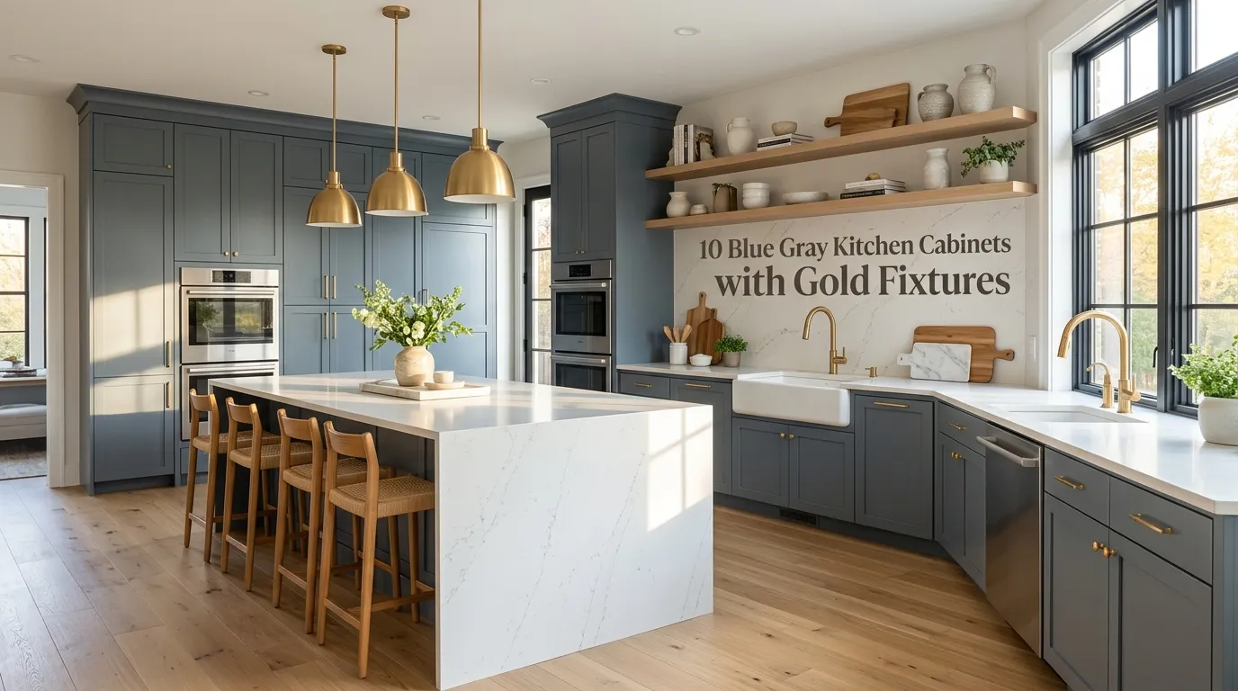 10 Blue Gray Kitchen Cabinets with Gold Fixtures