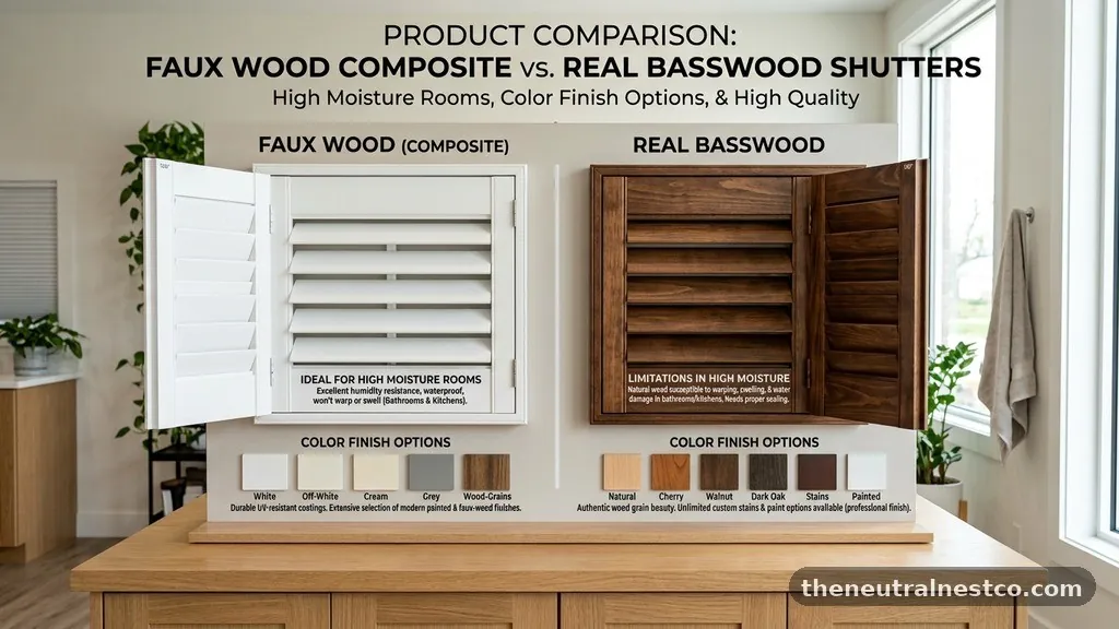 Color and Finish Options - Faux Wood (Composite) vs Real Basswood Shutters: High Moisture Rooms