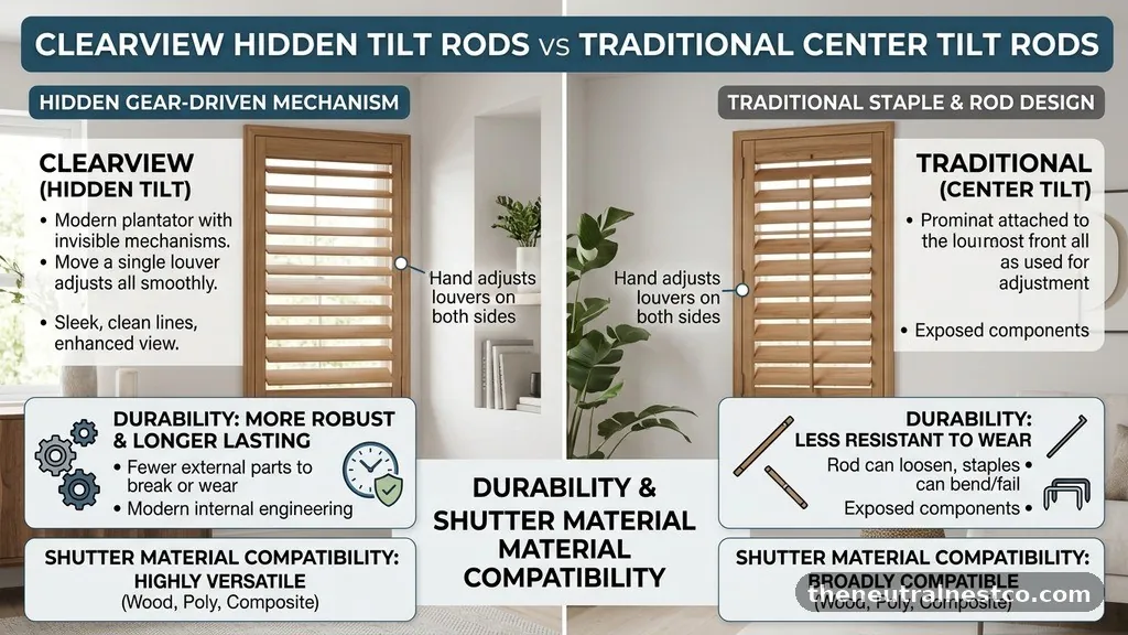 Shutter Material Compatibility - Clearview Hidden Tilt Rods vs Traditional Center Tilt Rods: Durability